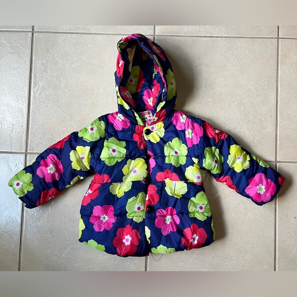 Jomake Little Girls Puffer Winter Jacket Blue Floral Print Size Euro 120 US 6-7